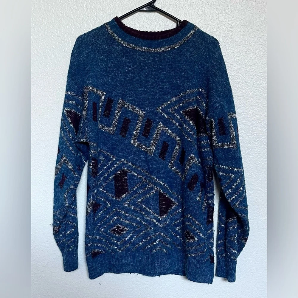 Vintage 1980’s Le Tigre Blue Purple Geometric Jumper Sweater Size Medium USA EUC